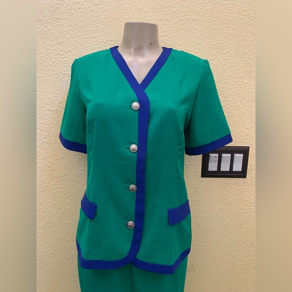 VTG Lady Carol Petites 8P Green With Blue Trim Short Sleeve Blazer 2pc Suit Set - Picture 2 of 14